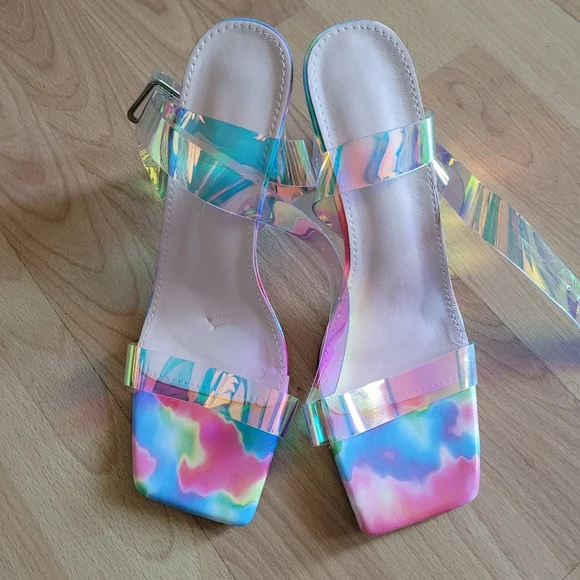 Iridescent Block Heel Sandals Transparent Laser Evening Party - Picture 3 of 9